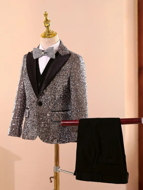 Sexy Gris Paillettes 5 pièces Manches Longues Costume Garçon Mariage 2025 Manteau Pantalon Chemise Cravate Gilet Mariage