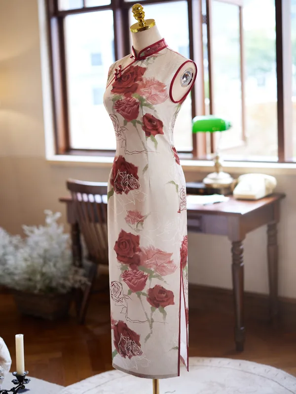 Chinese style Beige Printing Tea-length Cheongsam 2024 Trumpet / Mermaid High Neck Sleeveless
