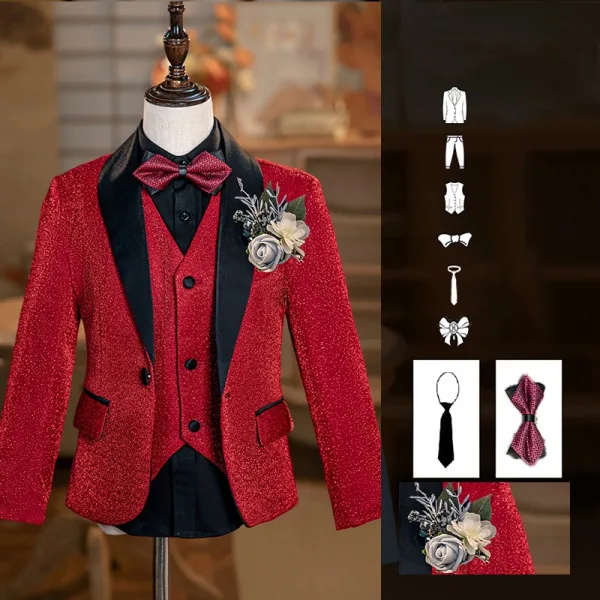Red 6-piece Long Sleeve Wedding Boys Wedding Suits 2024 Body Jewellery Coat Pants Shirt Tie Vest