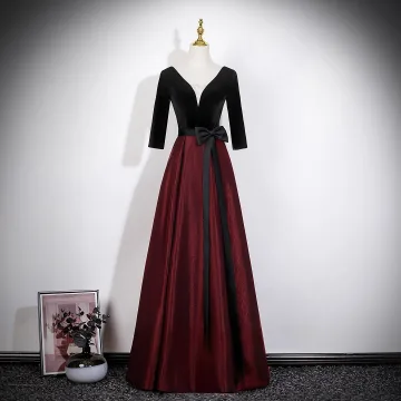 Vintage Originale Bordeaux Noeud Ceinture Robe De Bal 2026 Princesse V Cou 3 4 Manches Dos Nu