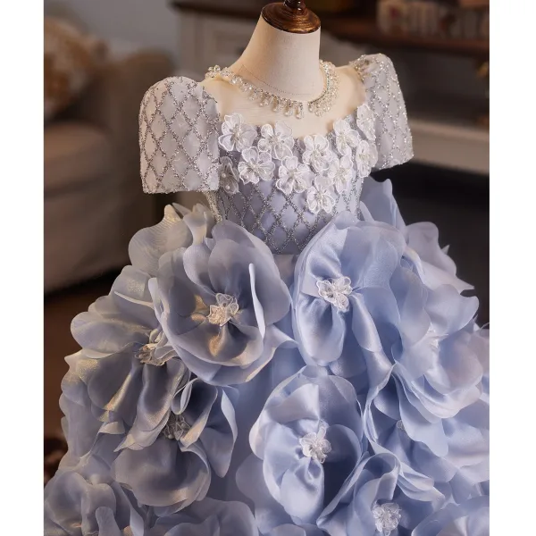 Flower Fairy Fashion Sky Blue Beading Pearl Appliques Sequins Birthday Flower Girl Dresses 2025 Ball Gown Scoop Neck Short Sleeve Backless Floor-Length / Long