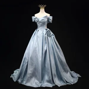 Fashion Sky Blue Ball Gown Prom Dresses 2025 Off The Shoulder Short Sleeve Backless Sweep Train Prom Formal Dresses