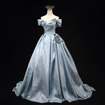 Moda Azul Cielo Ball Gown Vestidos De Gala 2025 Fuera Del Hombro Manga Corta Sin Espalda Colas De Barrido Gala Vestidos Formales