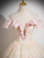 Chic / Beautiful Blushing Pink Sequins Lace Flower Prom Dresses 2024 Ball Gown Off-The-Shoulder Sleeveless Backless Floor-Length / Long Prom Formal Dresses