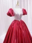 Elegant Burgundy Rhinestone Sequins Prom Dresses 2024 Ball Gown Scoop Neck Puffy Short Sleeve Backless Floor-Length / Long Prom Formal Dresses