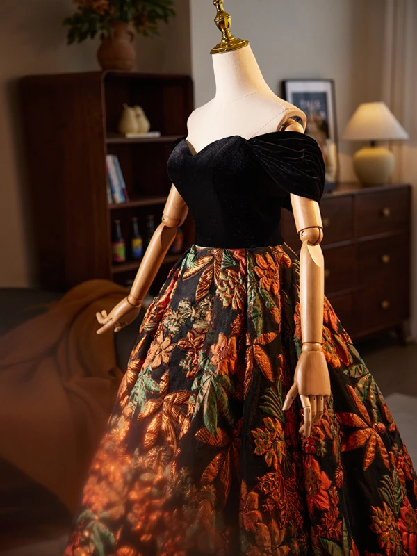 Vintage / Retro Black Printing Prom Dresses 2024 Ball Gown Off-The-Shoulder Sleeveless Backless Floor-Length / Long Prom Formal Dresses