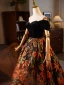 Vintage / Retro Black Printing Prom Dresses 2024 Ball Gown Off-The-Shoulder Sleeveless Backless Floor-Length / Long Prom Formal Dresses