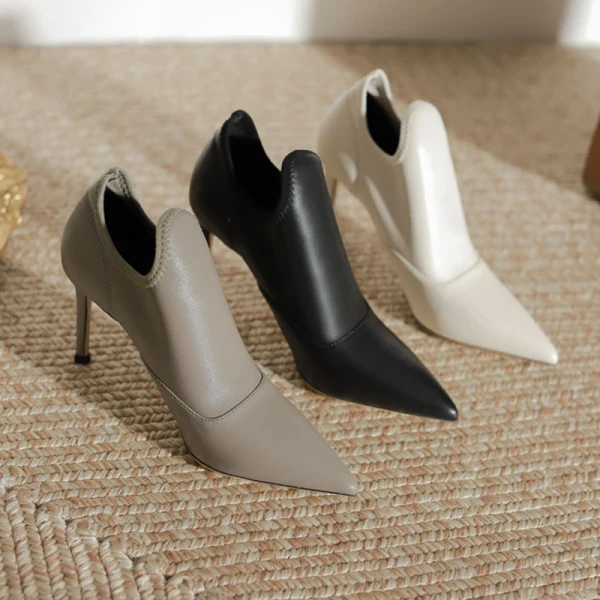 Simple Noire Désinvolte Escarpins 2023 Cuir 8 cm Talons Aiguilles À Bout Pointu Escarpins Talons Hauts