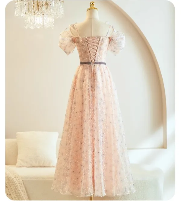 Chic / Beautiful Blushing Pink Beading Bridesmaid Dresses 2023 A-Line / Princess Short Sleeve Backless Sash Floor-Length / Long Bridesmaid Dresses