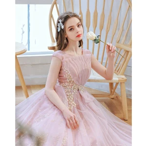 Chic Beautiful Candy Pink Lace Flower Prom Dresses 2022 A Line Princess Scoop Neck Rhinestone Sequins Sleeveless Backless Floor Length Long Prom Formal Dresses