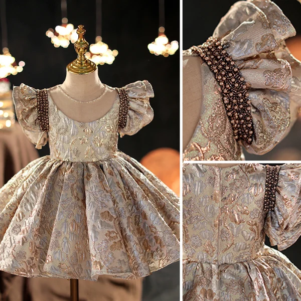 Chic / Beautiful Champagne Birthday Short Flower Girl Dresses 2022 Ball Gown Scoop Neck Beading Sequins Short Sleeve Flower Girl Dresses