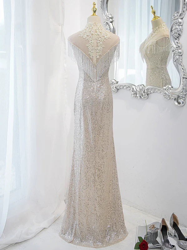 Charming Silver Beading Tassel Sequins Lace Flower Evening Dresses 2023 Trumpet / Mermaid High Neck Sleeveless Floor-Length / Long Evening Party Formal Dresses
