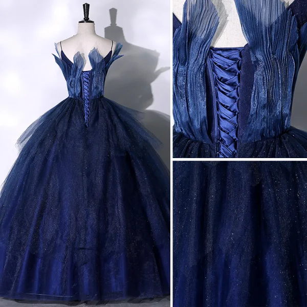 Charmant Marineblau Glanz Fallende Rüsche Ballkleider 2023 Ballkleid Spaghettiträger Ärmellos Rückenfreies Lange Ball Festliche Kleider