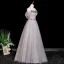 Chic / Beautiful Grey Rhinestone Appliques Prom Dresses 2025 A-Line / Princess Off-The-Shoulder Short Sleeve Backless Floor-Length / Long Formal Dresses