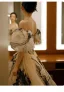 Fashion Champagne Embroidered Prom Dresses 2025 Ball Gown Off-The-Shoulder Puffy Short Sleeve Backless Sweep Train Formal Dresses