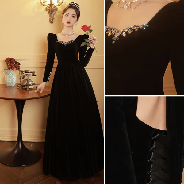 Elegante Schwarz Strass Wildleder Abendkleider 2023 A Linie Eckiger Ausschnitt Lange Ärmel Rückenfreies Schleife Lange Abend Festliche Kleider