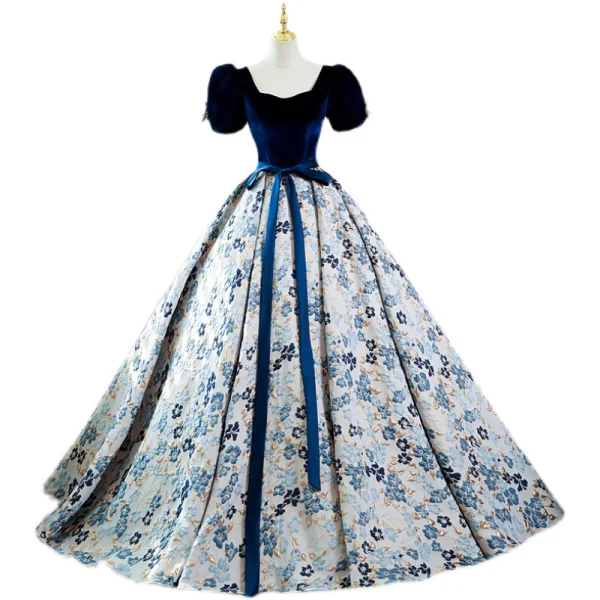 Elegant Navy Blue Floral Prom Dresses 2022 Ball Gown Square Neckline Bow Sash Short Sleeve Backless Floor-Length / Long Prom Formal Dresses