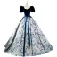 Elegant Navy Blue Floral Prom Dresses 2022 Ball Gown Square Neckline Bow Sash Short Sleeve Backless Floor-Length / Long Prom Formal Dresses