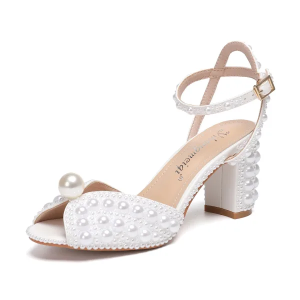 Sexy Weiß Perle Brautschuhe 2024 6 cm Thick Heels Knöchelriemen Peeptoes Hochzeit Sandaletten Hochhackige