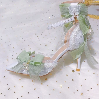 Fashion Sage Green Pearl Bow Prom Womens Sandals 2024 Ankle Strap 9 Cm Stiletto Heels Pointed Toe Womens Shoes High Heels