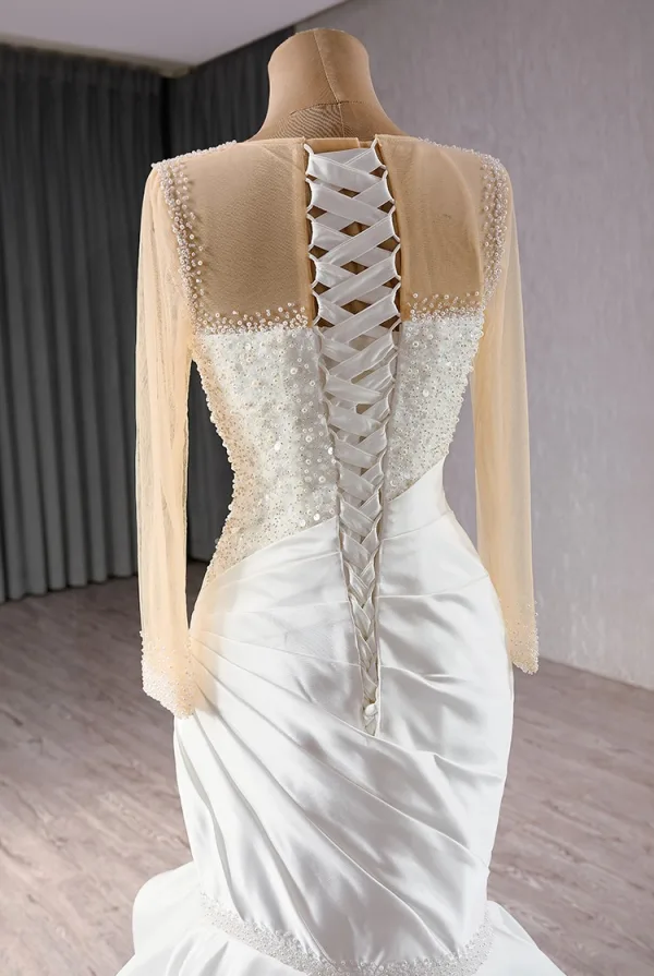High-end Elegant White Pearl Sequins Satin Wedding Dresses 2024 Trumpet / Mermaid Scoop Neck Long Sleeve Floor-Length / Long Wedding