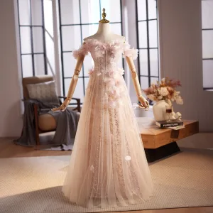 Chic Beautiful Blushing Pink Appliques Sequins Prom Dresses 2025 A Line Princess Off The Shoulder Sleeveless Backless Floor Length Long Formal Dresses