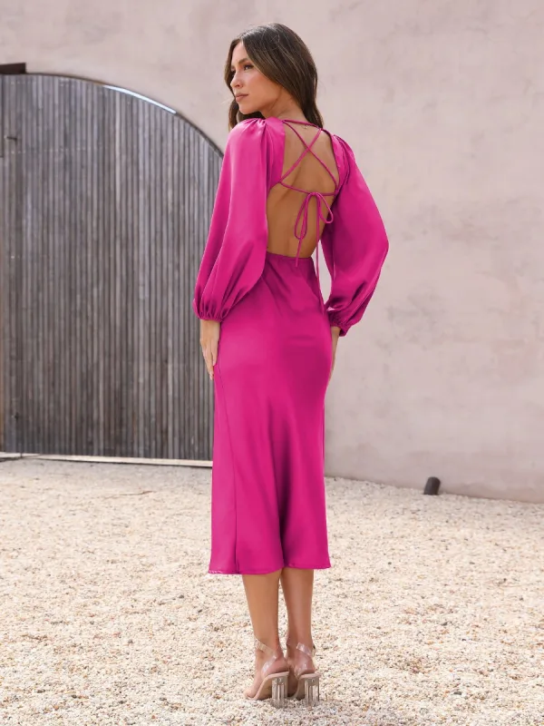 Sexy Dark Green Holiday Beach Satin Women Dresses 2023 Deep V-Neck Long Sleeve Backless Lace Up Tea-length Womens Clothing