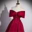 Chic / Beautiful Burgundy Satin Prom Dresses 2022 A-Line / Princess Off-The-Shoulder Bow Short Sleeve Backless Pearl Floor-Length / Long Prom Formal Dresses