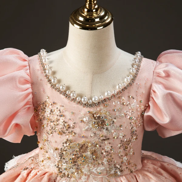 Luxury / Gorgeous Candy Pink Beading Pearl Star Sequins Birthday Flower Girl Dresses 2022 Ball Gown Scoop Neck Puffy Short Sleeve Backless Sweep Train Flower Girl Dresses