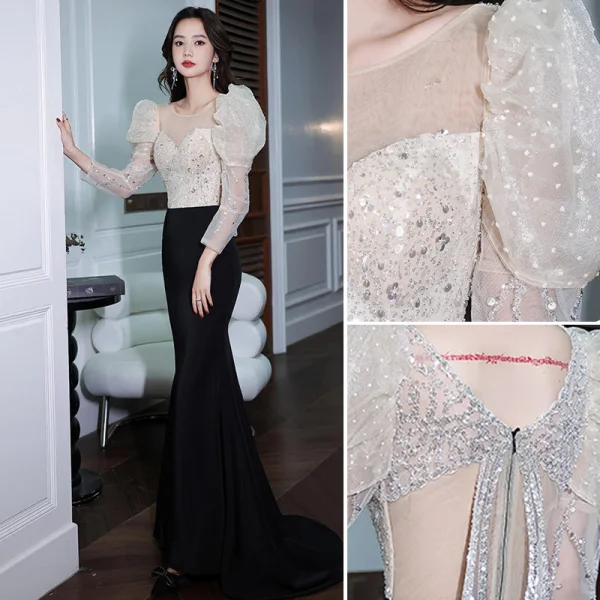 Charmant Noire Paillettes Robe De Soirée 2022 Trompette / Sirène Encolure Dégagée Manches Courtes Dos Nu Longue Soirée Robe De Ceremonie