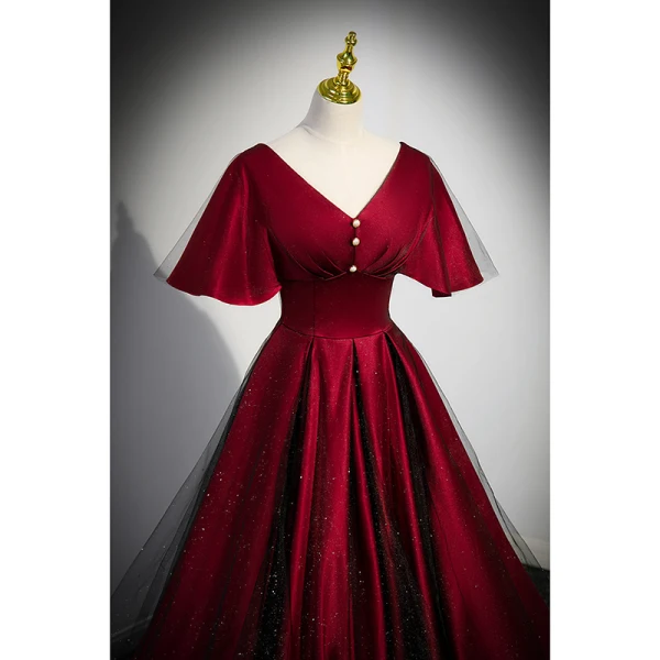 Elegant Burgundy Satin Prom Dresses 2023 A-Line / Princess V-Neck Short Sleeve Backless Floor-Length / Long Prom Formal Dresses