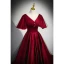 Elegant Burgundy Satin Prom Dresses 2023 A-Line / Princess V-Neck Short Sleeve Backless Floor-Length / Long Prom Formal Dresses