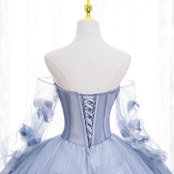 Chic / Beautiful Sky Blue Appliques Prom Dresses 2022 Ball Gown Strapless Long Sleeve Backless Floor-Length / Long Prom Formal Dresses