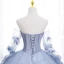 Chic / Beautiful Sky Blue Appliques Prom Dresses 2022 Ball Gown Strapless Long Sleeve Backless Floor-Length / Long Prom Formal Dresses