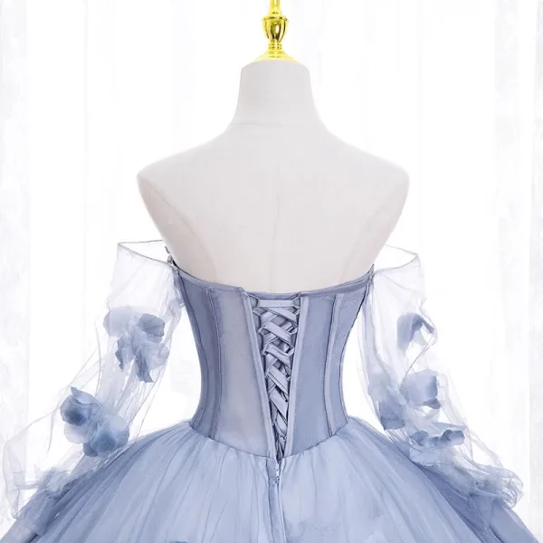 Elegant Sky Blue Appliques Prom Dresses 2023 Ball Gown Off-The-Shoulder 3/4 Sleeve Backless Floor-Length / Long Tulle Prom Formal Dresses
