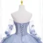 Elegant Sky Blue Appliques Prom Dresses 2023 Ball Gown Off-The-Shoulder 3/4 Sleeve Backless Floor-Length / Long Tulle Prom Formal Dresses