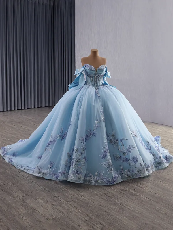 Luxury / Gorgeous Sky Blue Handmade  Beading Sequins Lace Flower Prom Dresses 2025 Ball Gown Off-The-Shoulder Sleeveless Backless Bow Floor-Length / Long
