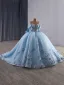 Luxury / Gorgeous Sky Blue Handmade  Beading Sequins Lace Flower Prom Dresses 2025 Ball Gown Off-The-Shoulder Sleeveless Backless Bow Floor-Length / Long
