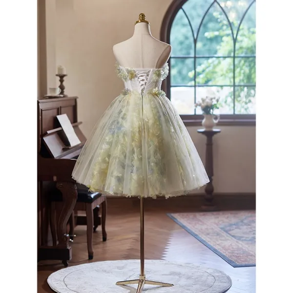 Flower Fairy Sage Green Appliques Homecoming Short Graduation Dresses 2024 Ball Gown Strapless Sleeveless Backless Tulle
