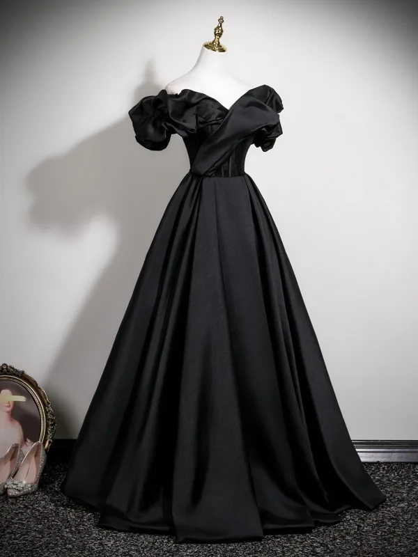 Vintage / Retro Black Prom Dresses 2025 Ball Gown Off-The-Shoulder Short Sleeve Backless Floor-Length / Long Formal Dresses