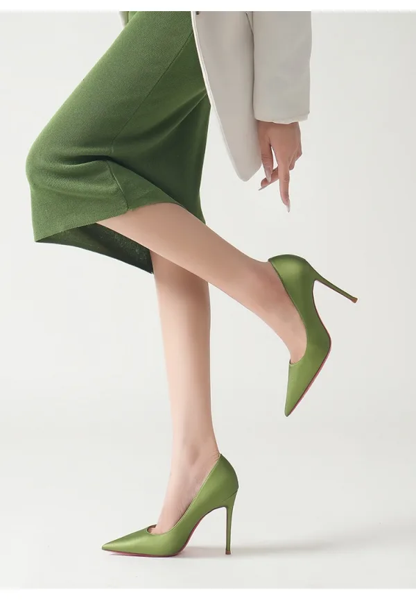 Élégant Vert Cendré Bureau OL Escarpins 2025 Cuir 10 cm Talons Aiguilles À Bout Pointu Escarpins Talons Hauts
