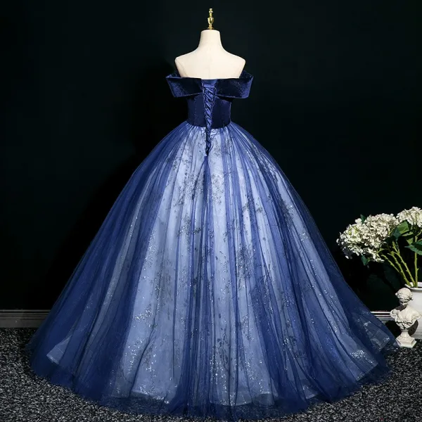 Elegant Ocean Blue Beading Lace Flower Prom Dresses 2025 Ball Gown Off-The-Shoulder Short Sleeve Backless Floor-Length / Long Prom Formal Dresses