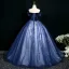 Elegant Ocean Blue Beading Lace Flower Prom Dresses 2025 Ball Gown Off-The-Shoulder Short Sleeve Backless Floor-Length / Long Prom Formal Dresses