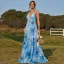 Chic / Beautiful Pool Blue Printing Beach Maxi Dresses 2022 A-Line / Princess Halter Sleeveless Backless Floor-Length / Long Women Dresses