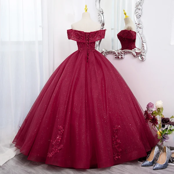 Elegant Burgundy Beading Sequins Lace Flower Prom Dresses 2022 Ball Gown Off-The-Shoulder Short Sleeve Backless Floor-Length / Long Prom Formal Dresses