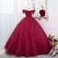 Elegant Burgundy Beading Sequins Lace Flower Prom Dresses 2022 Ball Gown Off-The-Shoulder Short Sleeve Backless Floor-Length / Long Prom Formal Dresses