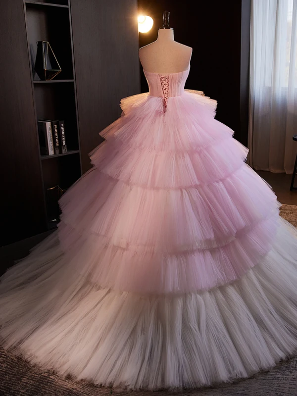 Charmant Rougissant Rose Volants en Cascade Volants Robe De Bal 2024 Robe Boule Bustier Sans Manches Dos Nu Train De Balayage Promo Robe De Ceremonie