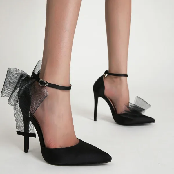 Sexy Black Summer Evening Party Bow Womens Shoes 2022 11 cm Stiletto Heels Ankle Strap Pointed Toe Womens Shoes High Heels