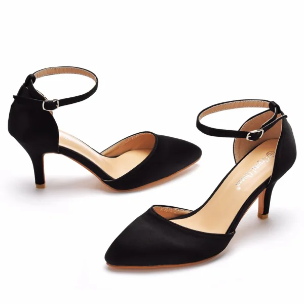 Schlicht Schwarz Ball Sandalen Damen 2024 Knöchelriemen 7 cm Stilettos Spitzschuh Hochhackige