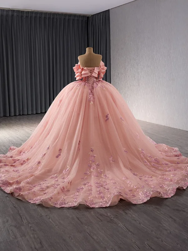 Flower Fairy Luxury / Gorgeous Blushing Pink Pearl Lace Flower Prom Dresses 2024 Ball Gown Off-The-Shoulder Short Sleeve Backless Chapel Train Prom Formal Dresses